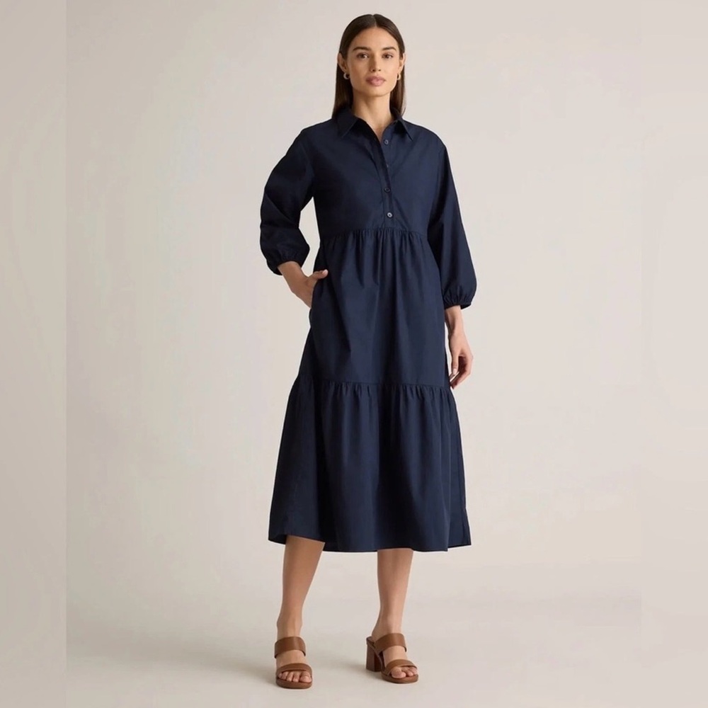 Quince Poplin Tunic Midi Dress Navy Blue Size Small